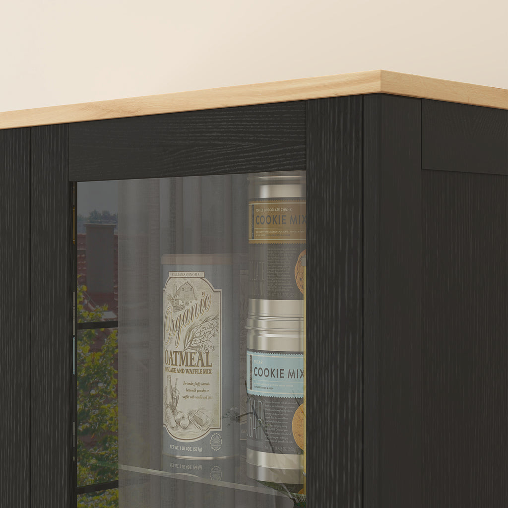 Wooden Kitchen Pantry Cabinet with 9 Adjustable Shelves with Glass Doors, 76x36x160 cm, Black and Wood color