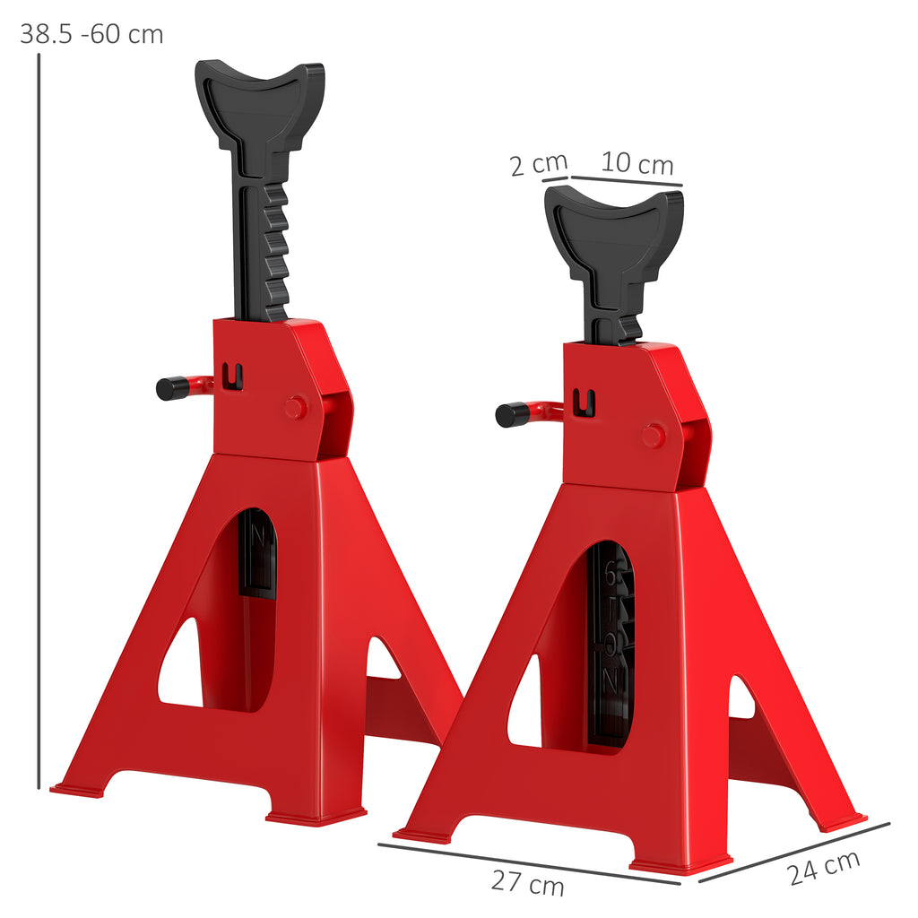 Set of 2 6 Ton Car Stands Adjustable from 38.5-60 cm, Carbon Steel and Cast Iron, Red