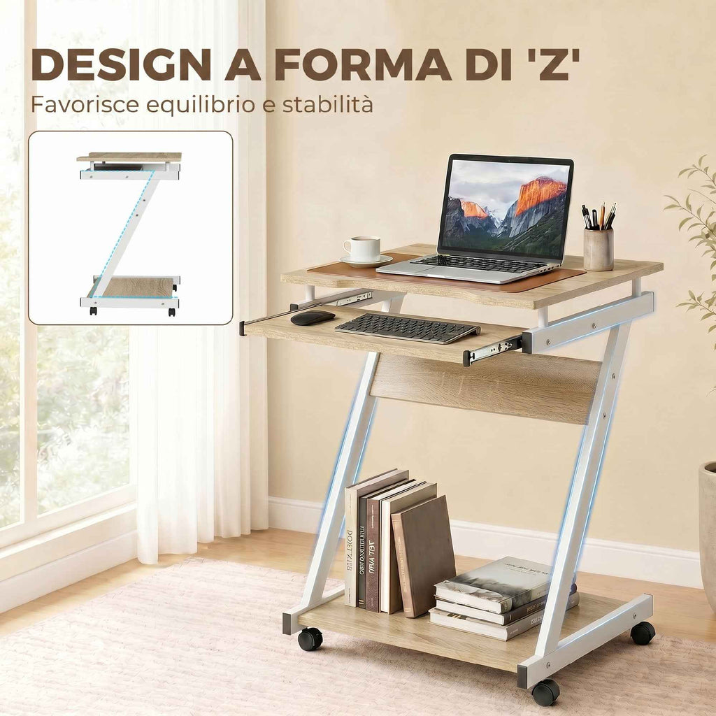 HOMCOM Computer Desk with 4 Wheels, Sliding Keyboard Tray, Oak Color