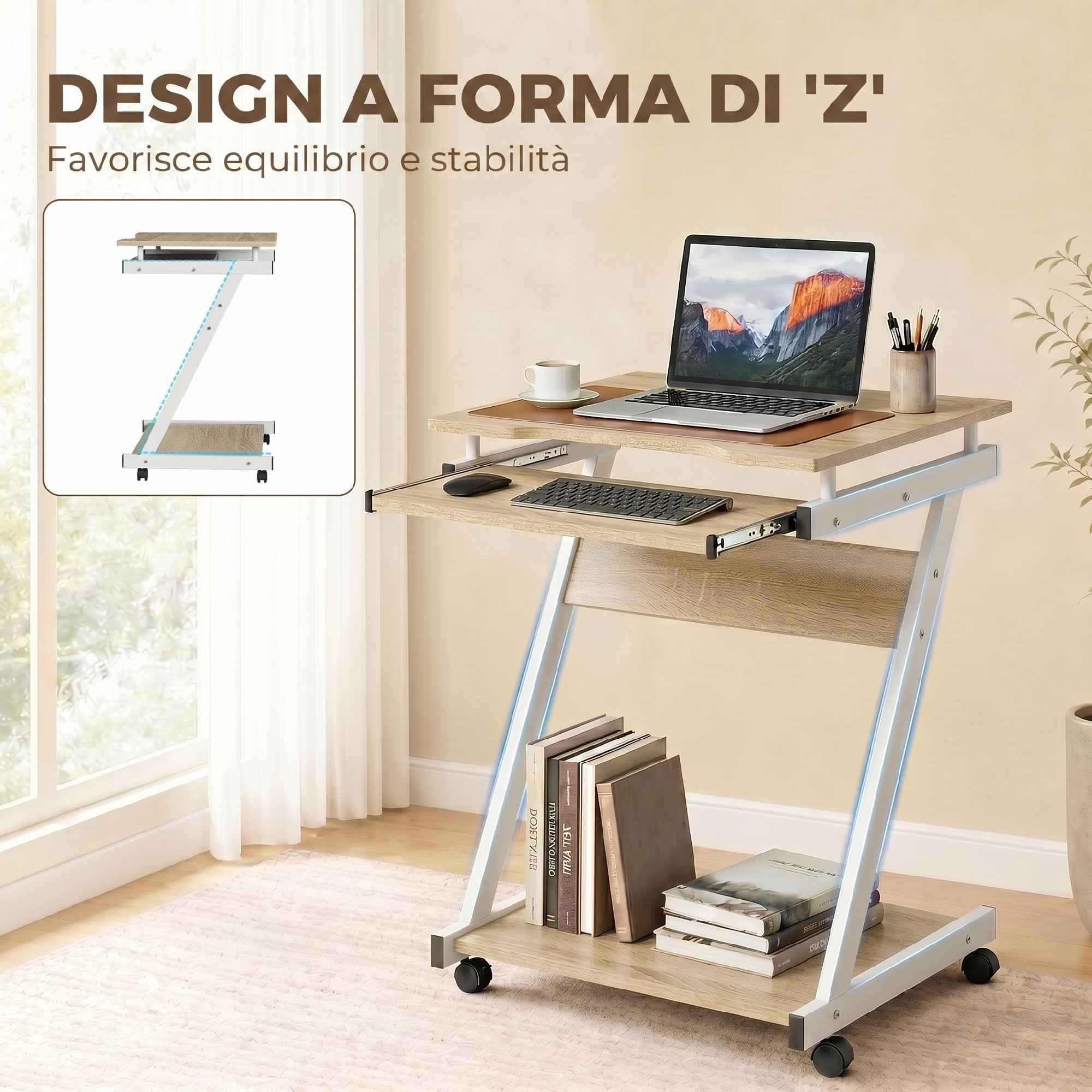 HOMCOM Computer Desk with 4 Wheels, Sliding Keyboard Tray, Oak Color