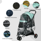 3-Wheel Folding Small Dog Stroller with Rain Cover and Basket, Green