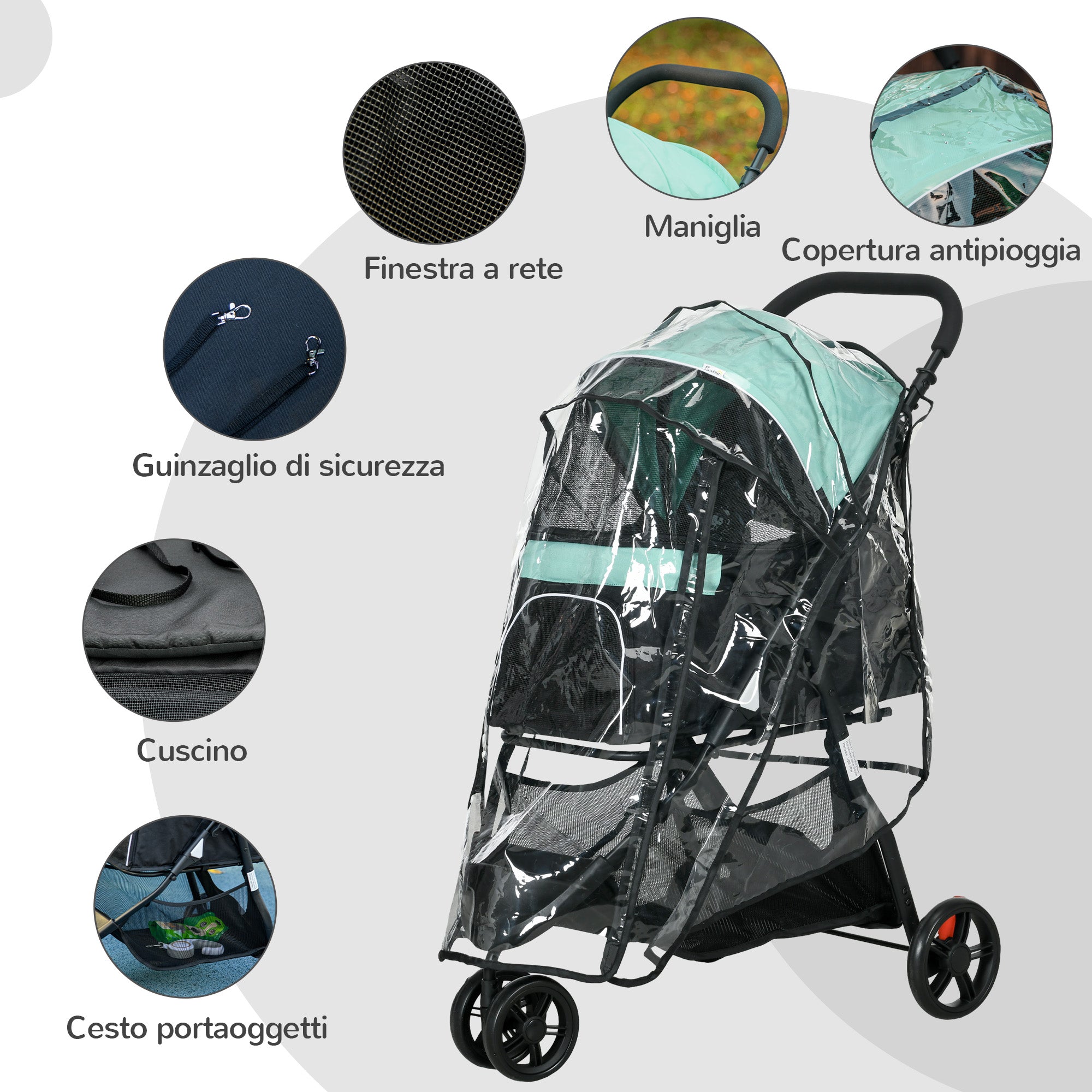 3-Wheel Folding Small Dog Stroller with Rain Cover and Basket, Green