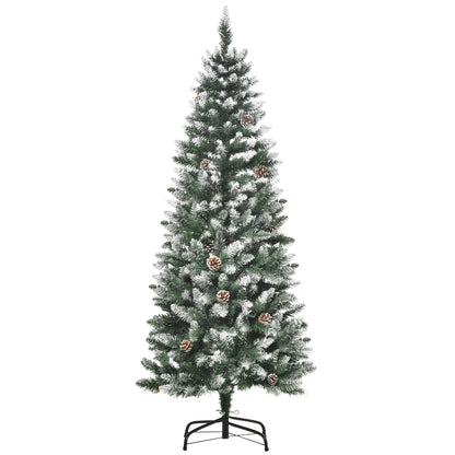 CHRISTMAS TREE - 150cm Snowy Christmas Tree with 464 Branches and 28 Pine Cones in Plastic and Metal, Green and White