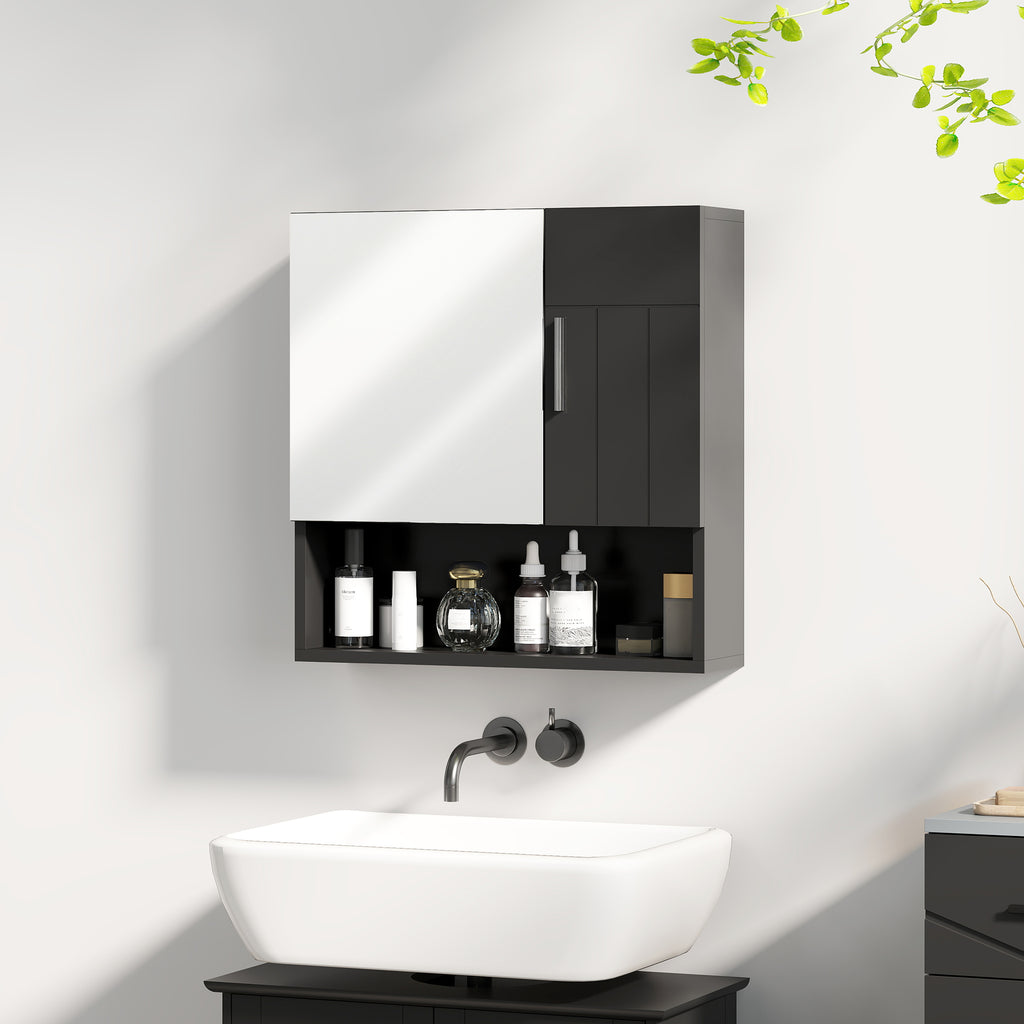 Wooden Bathroom Mirror Cabinet with Adjustable Shelves and Open Shelf, 54x15.2x55.3 cm, Black