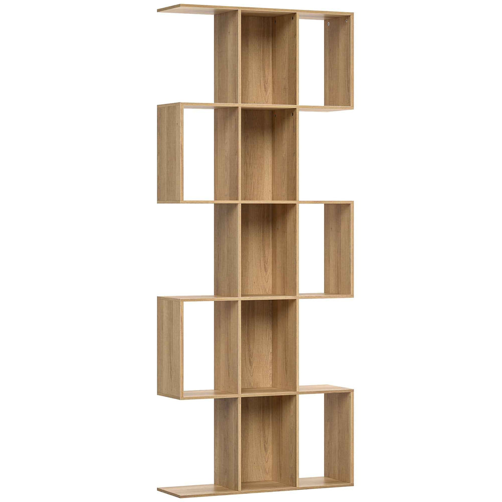 5-Tier S-Shaped Bookcase with 15 Shelves, Wooden, 80x24x200 cm, Oak Color