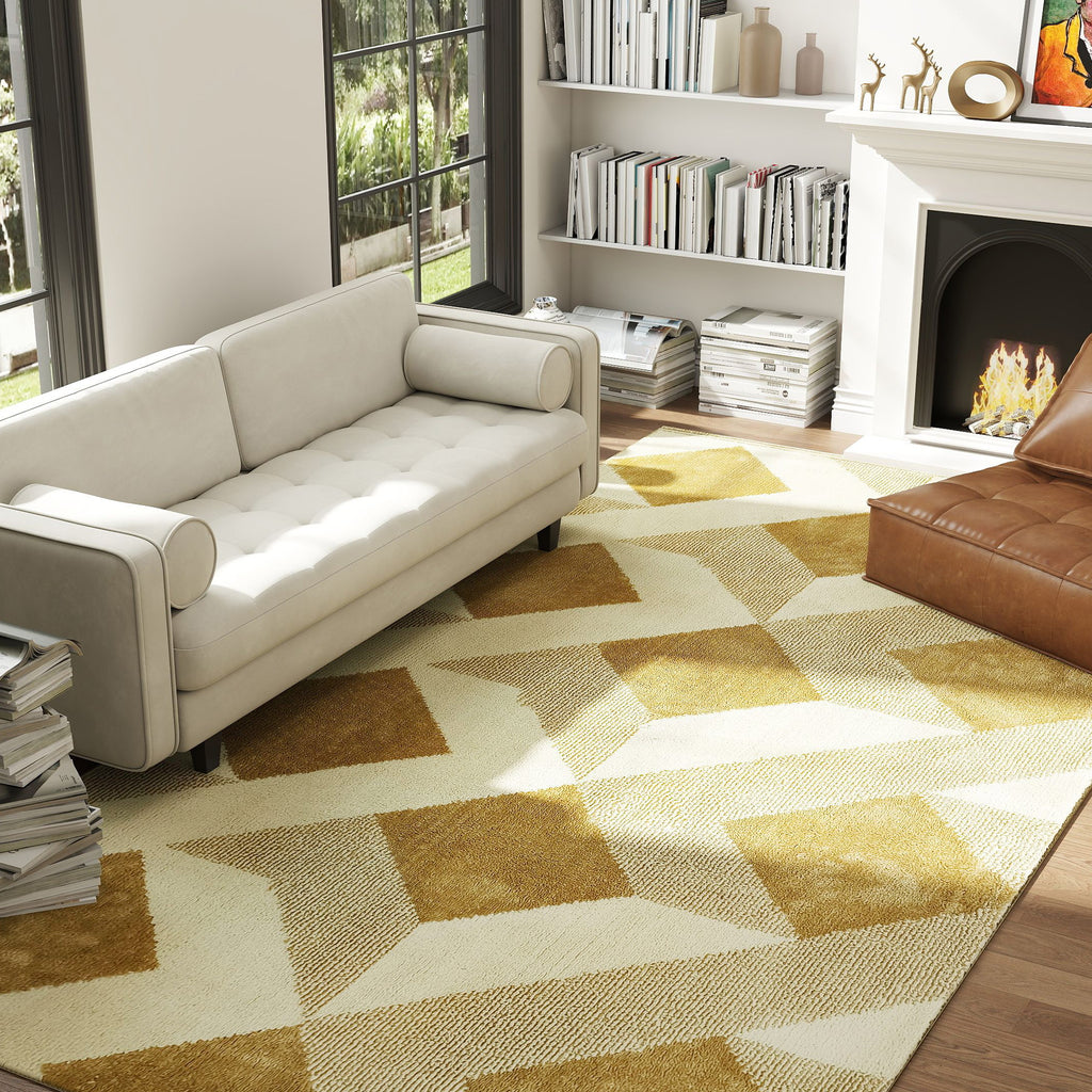 Modern Living Room Rug, Hypoallergenic and Washable with 3D Effect, 230x160 cm, Yellow