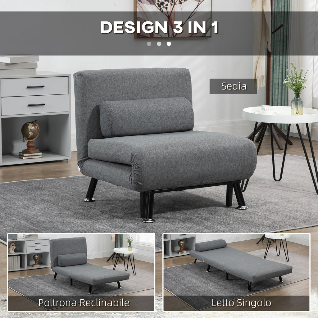 Armchair Bed with 5-Position Adjustable Backrest, Linen-Effect Fabric and Steel, 75x70x75 cm, Grey