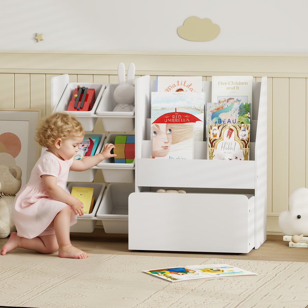 Toy Storage Shelf with 6 Baskets, 3 Shelves and Bottom Box, Made of Wood, Plastic and Steel, 100x30x80 cm, White