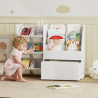 Toy Storage Shelf with 6 Baskets, 3 Shelves and Bottom Box, Made of Wood, Plastic and Steel, 100x30x80 cm, White