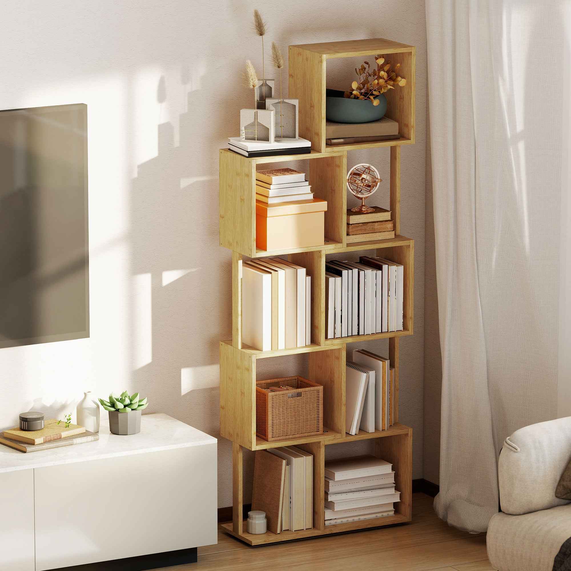 HOMCOM Modern Asymmetrical 5-Tier Bamboo Bookcase, 62.5 x 23 x 165 cm, Natural Wood Color