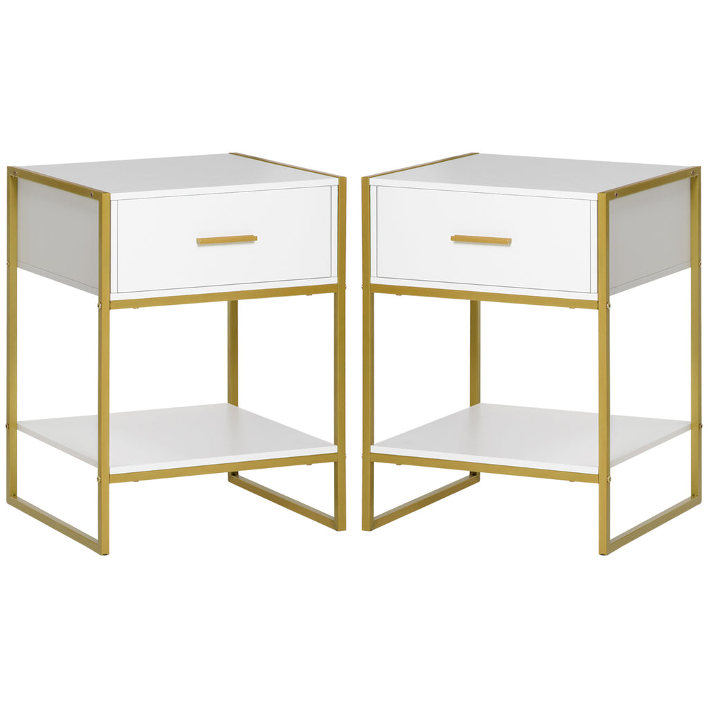 HOMCOM Set of 2 Modern Bedside Tables with Drawer and Open Shelf in MDF and Steel, 45x40x60cm, White and Gold - Borgè