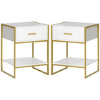 HOMCOM Set of 2 Modern Bedside Tables with Drawer and Open Shelf in MDF and Steel, 45x40x60cm, White and Gold - Borgè
