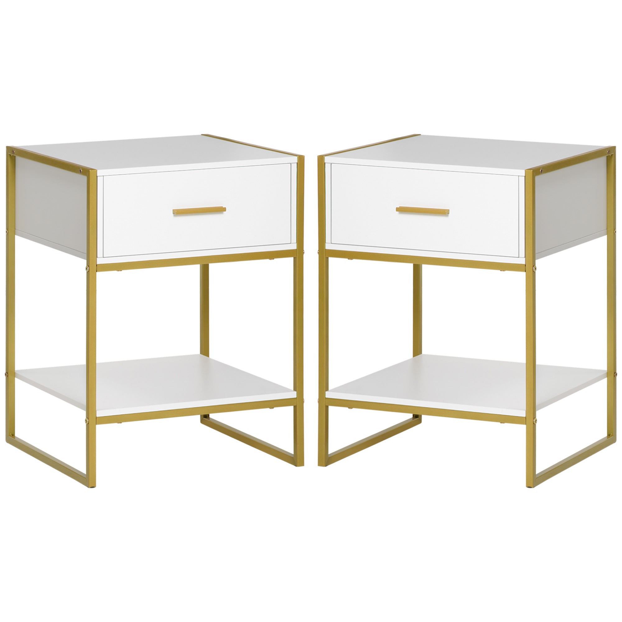 HOMCOM Set of 2 Modern Bedside Tables with Drawer and Open Shelf in MDF and Steel, 45x40x60cm, White and Gold - Borgè