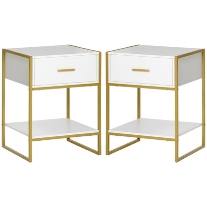 HOMCOM Set of 2 Modern Bedside Tables with Drawer and Open Shelf in MDF and Steel, 45x40x60cm, White and Gold