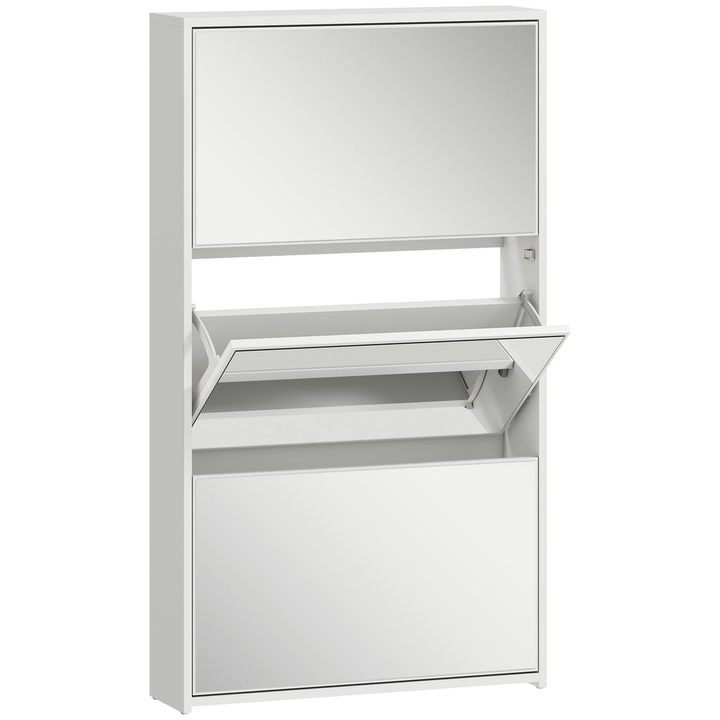 HOMCOM Mirrored Shoe Rack with 3 Flap Drawers for 9 Pairs of Shoes, Wooden, 65x17x114.5 cm, White