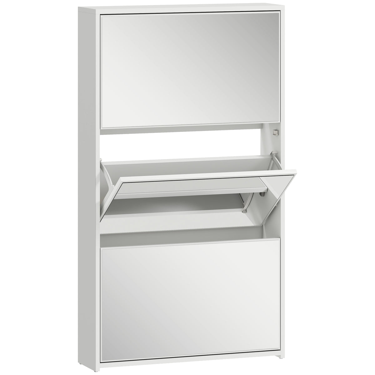 HOMCOM Mirrored Shoe Rack with 3 Flap Drawers for 9 Pairs of Shoes, Wooden, 65x17x114.5 cm, White