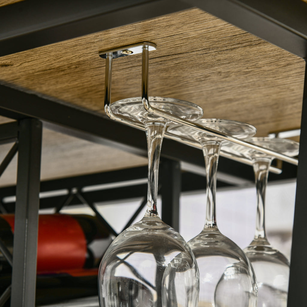 Industrial Bar Table for 10 Bottles in Chipboard and Steel, 120x60x91 cm, Black and Wood Color