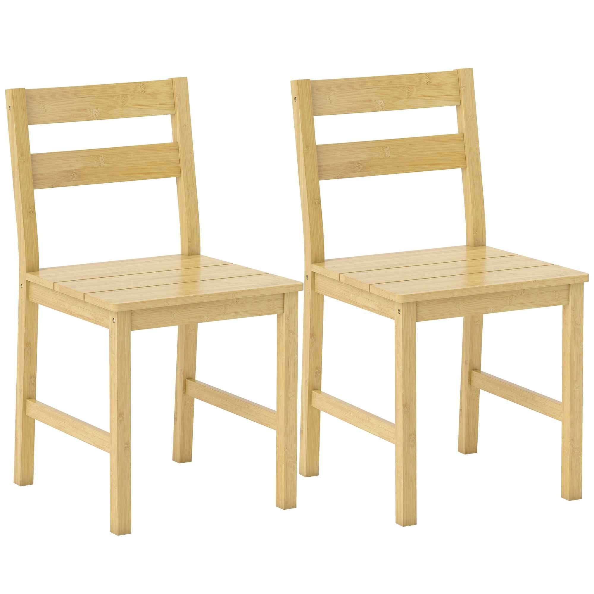Set of 2 Bamboo Dining Chairs with Curved Backrest and Slatted Seat, Natural Wood Color