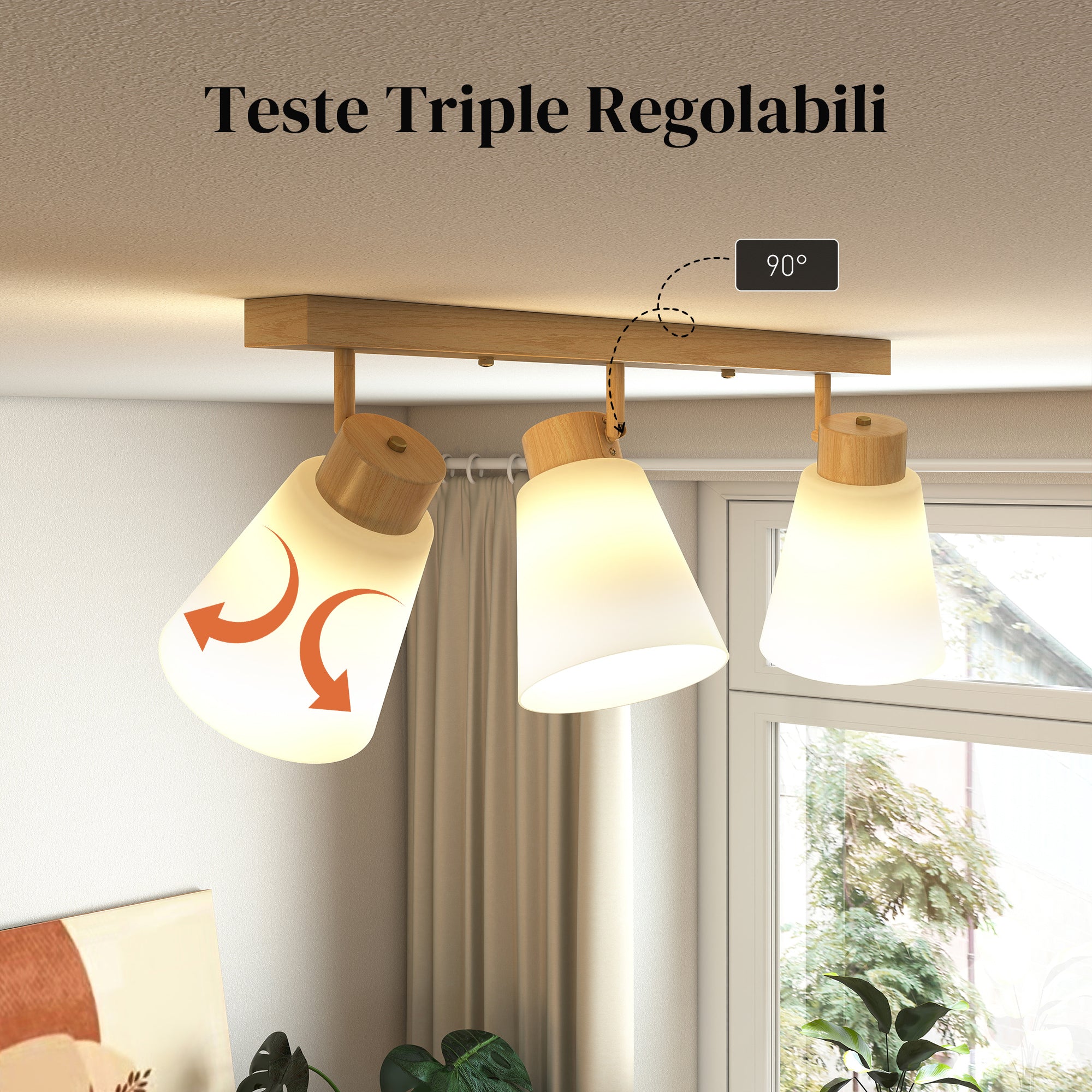 Ceiling Lamp with 3 Adjustable Light Points at 90° and E27 Sockets, Wood Color