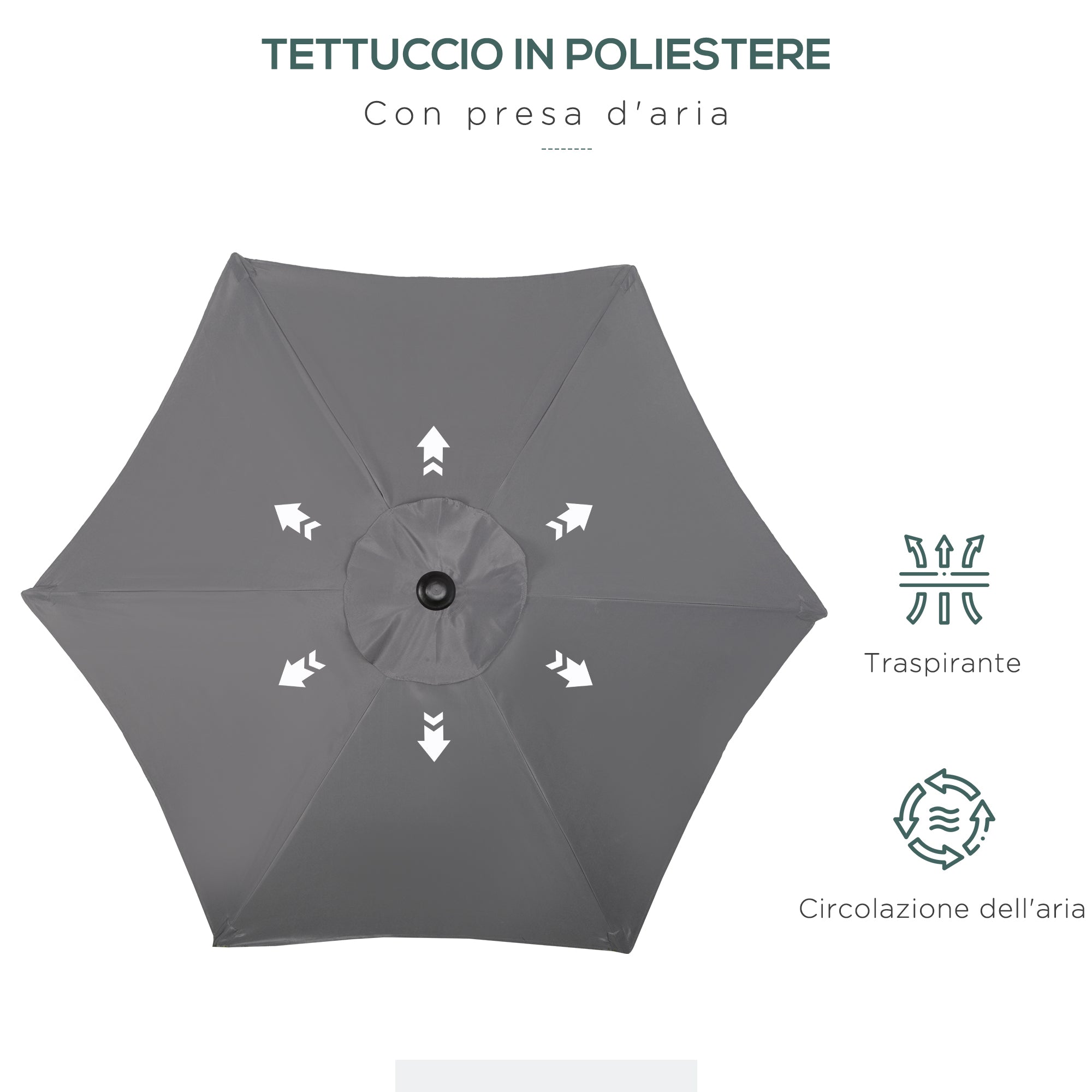 Garden Umbrella 2x2 m with 6 Ribs with Air Vent, in Aluminium, Metal and Dark Gray Polyester