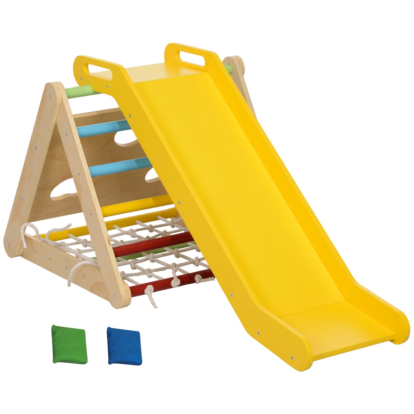 AIYAPLAY Children's Climbing Game with Montessori Triangle 5 in 1 with Rope, Slide and Bags, in Wood, 119x63x61 cm