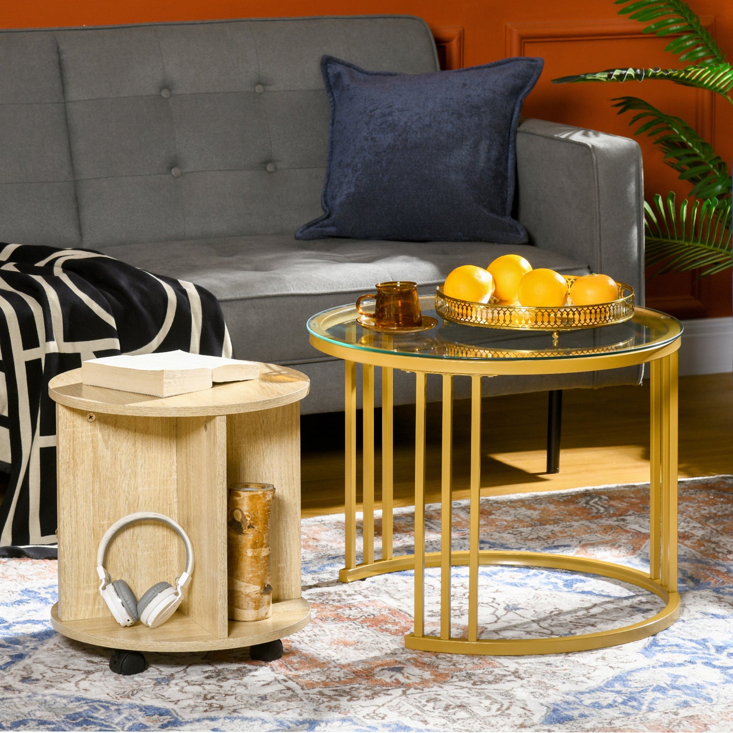 Set of 2 Round Coffee Tables with Stackable Design, 4 Lower Shelves and 4 Wheels, Gold and Oak - Borgè