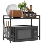 2-Tier Expandable Microwave Stand with 3 Hooks, Metal, 39.5-64x32x47.5 cm, Black