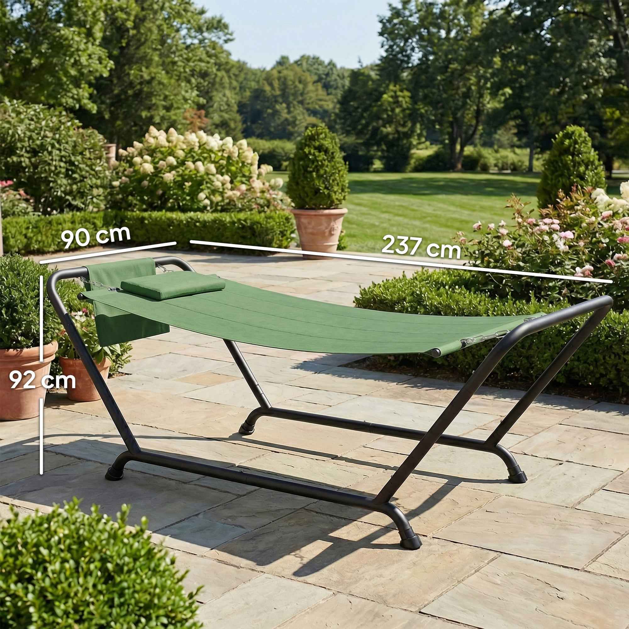 Outsunny Garden Hammock with Stand, Side Pocket and Headrest, Metal and Polyester, 237x90x92 cm, Dark Green