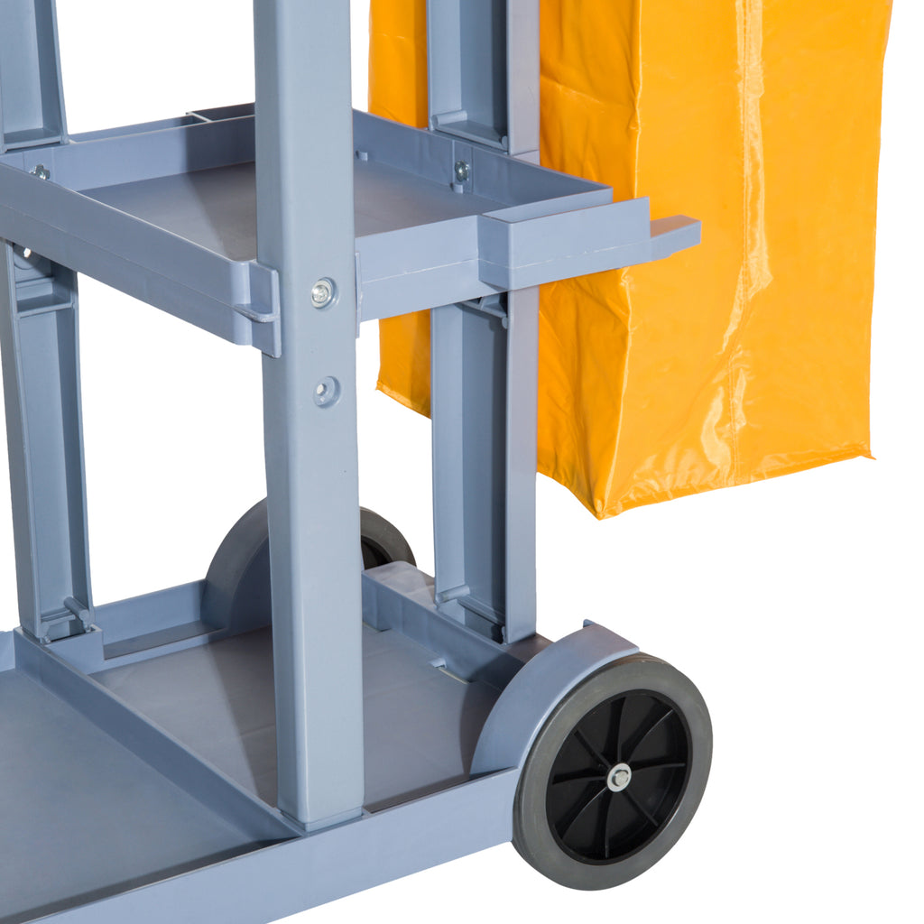 Professional Cleaning Trolley with 3 Shelves, Broom Hooks, 4 Wheels and 100L Bag, Orange 121 x 50.5 x 96.5cm