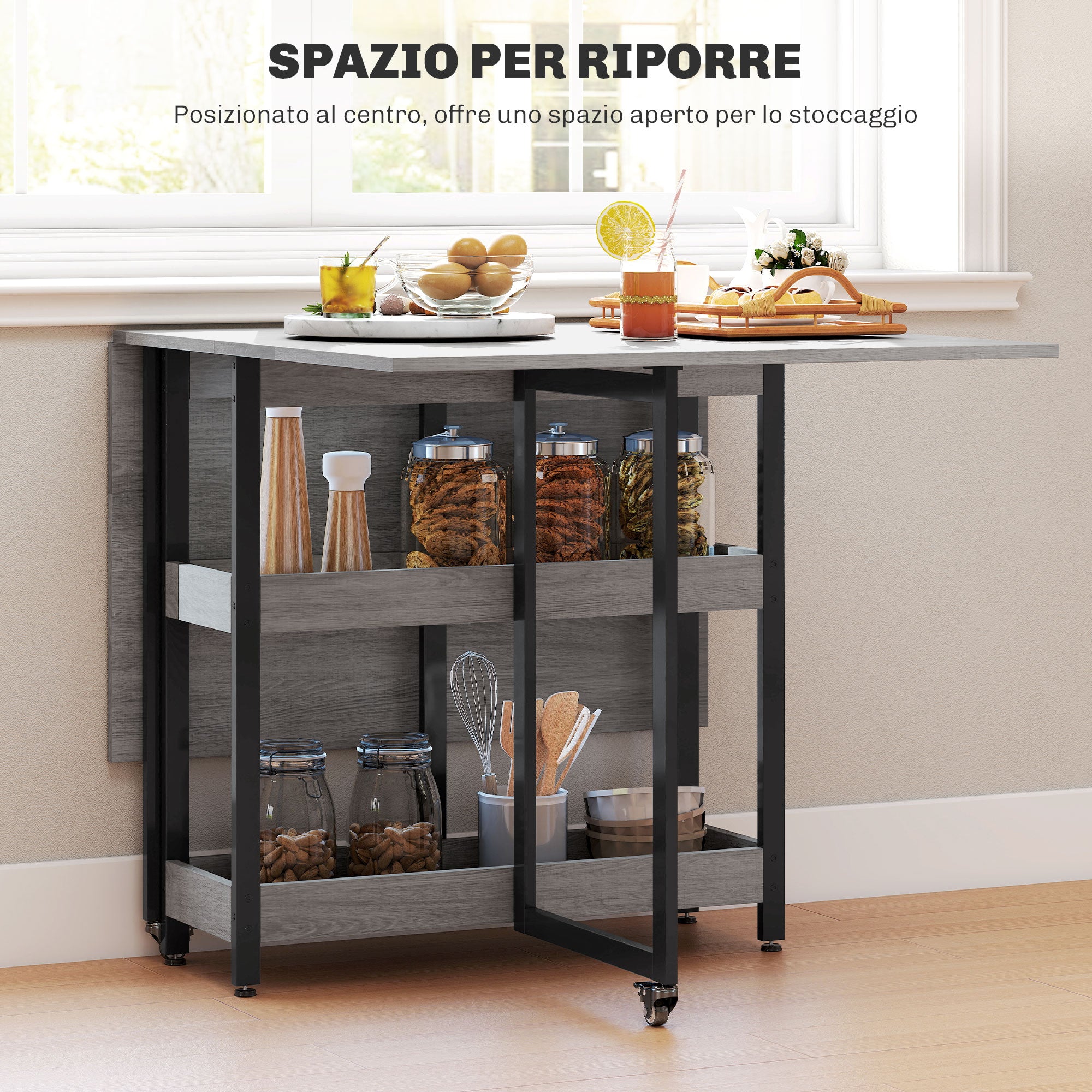 Folding Table with 2 Drop-Leaf Tops for 4 People with 2 Open Shelves, Made of Wood and Metal, 133.4 x 80 x 75 cm, Grey