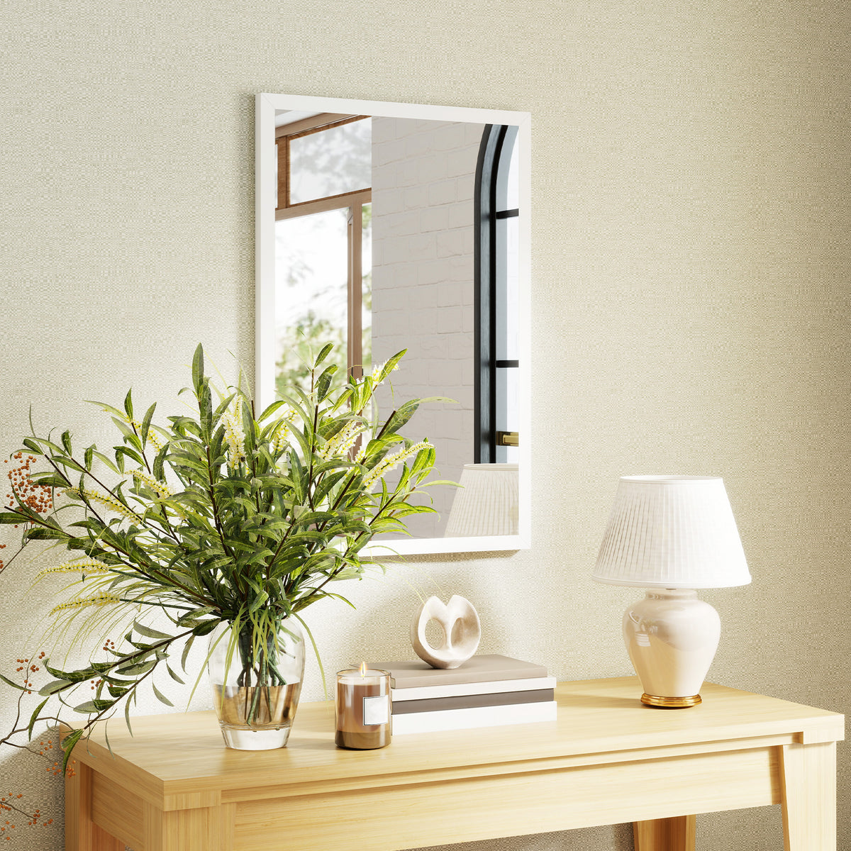 HOMCOM Rectangular Wall Mirror with Hooks, Glass and MDF Wall Mirror, 40x60 cm, White