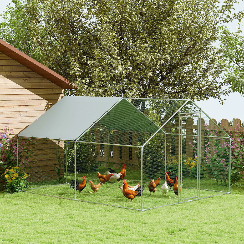 10.2m² Chicken Run for 10-15 Hens with Waterproof Roof, Steel and Fabric, 3x3.4x1.9 m, Silver