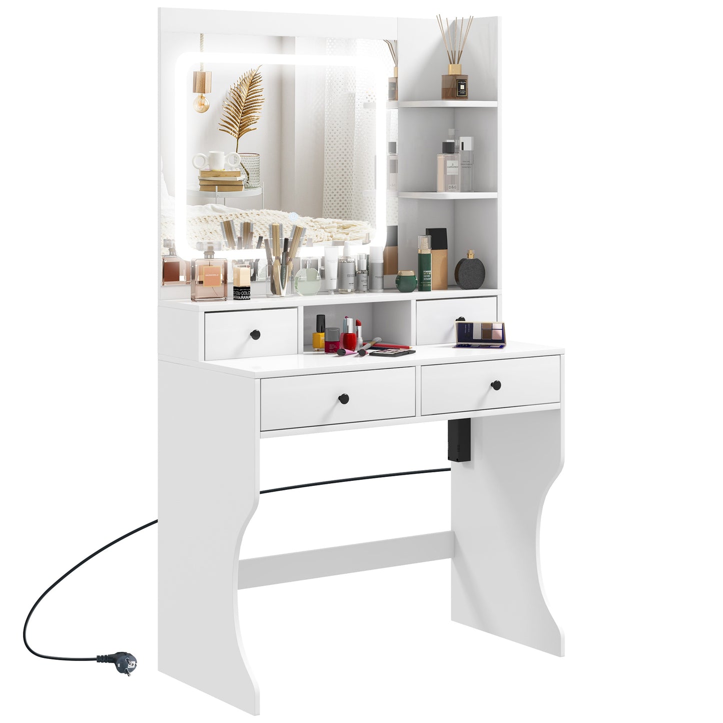 Makeup Dressing Table with 3-Tone LED Lights and Mirror, USB Sockets, 4 Drawers and Shelves, 90x45x160cm, White