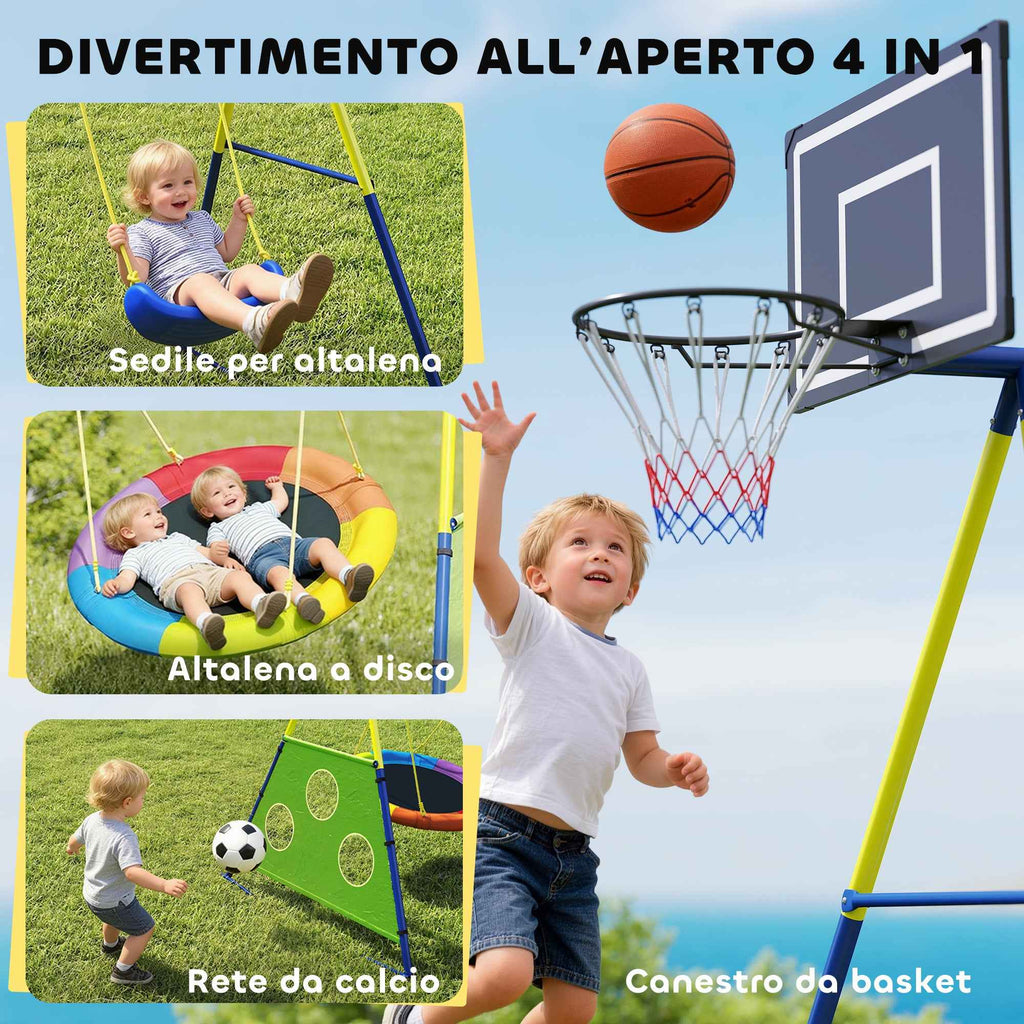 4-in-1 Garden Swing Set for Kids Ages 3-8 with 2 Swings, Basketball Hoop and Soccer Goal