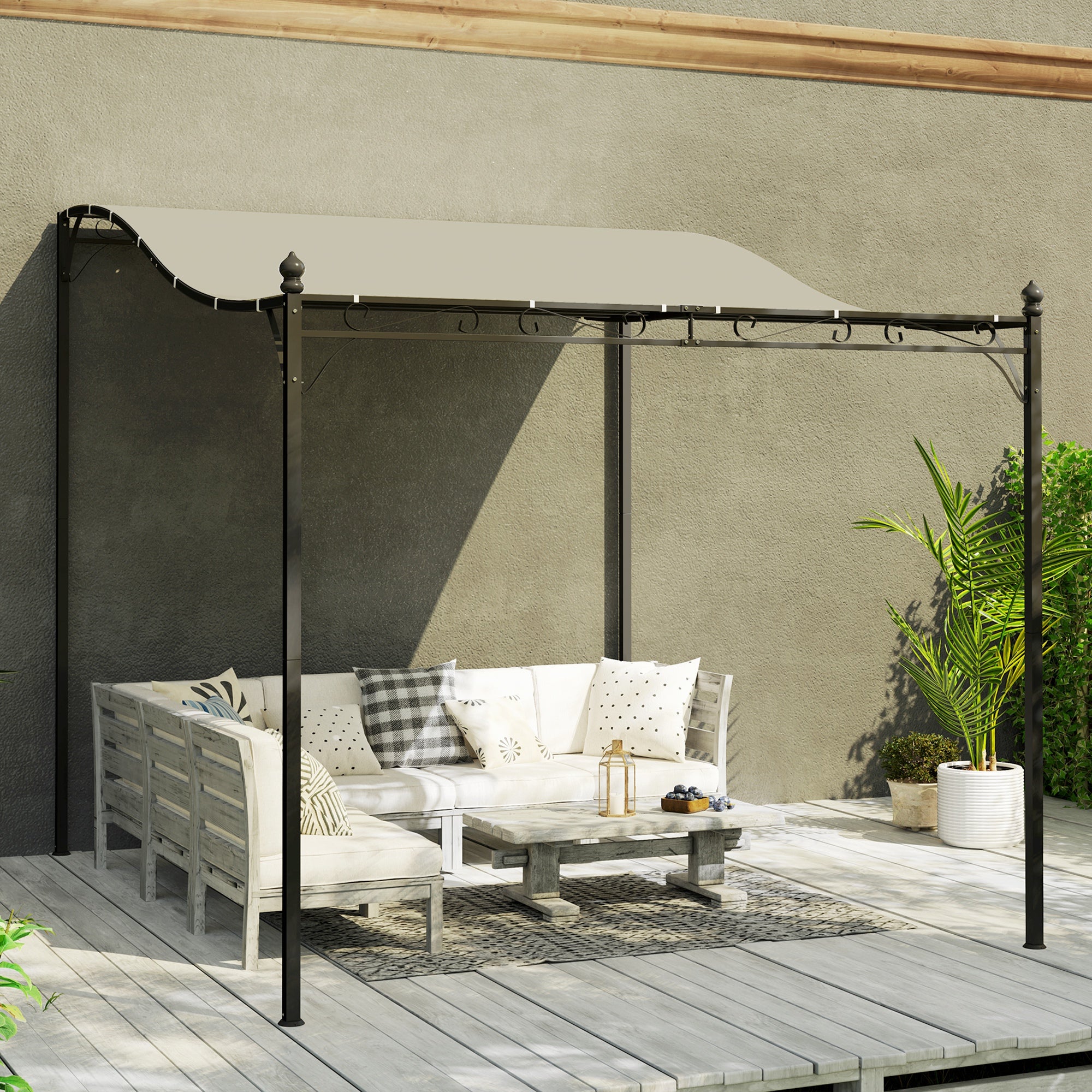 Curved Pergola with 16 Drainage Holes, Metal and Polyester, 248x298x200/250 cm, Cream White