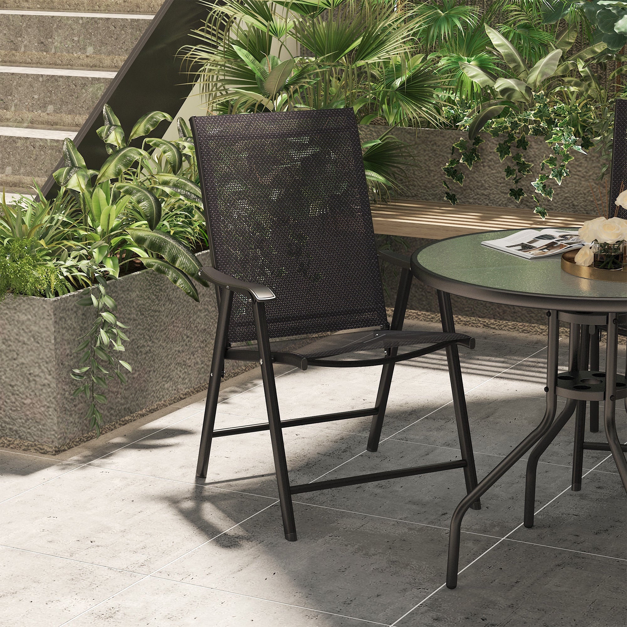 Outsunny Set of 2 Folding Garden Chairs with Metal and Texteline Armrests, 58x64x94cm, Black