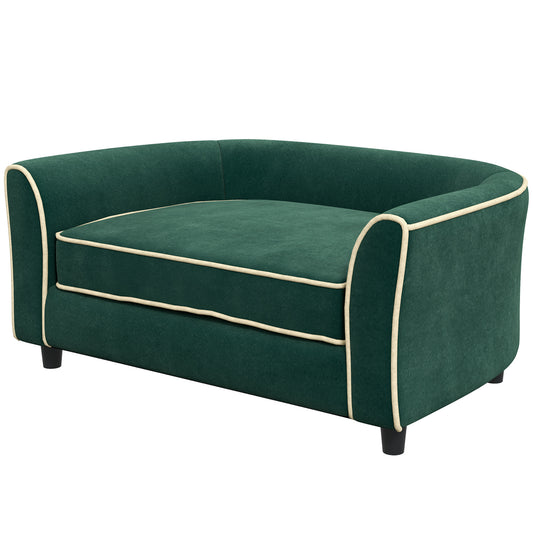 Sofa for Small and Medium Size Dogs with Cushion, in Velvet and Wood Effect Fabric, 79x56x35 cm, Dark Green