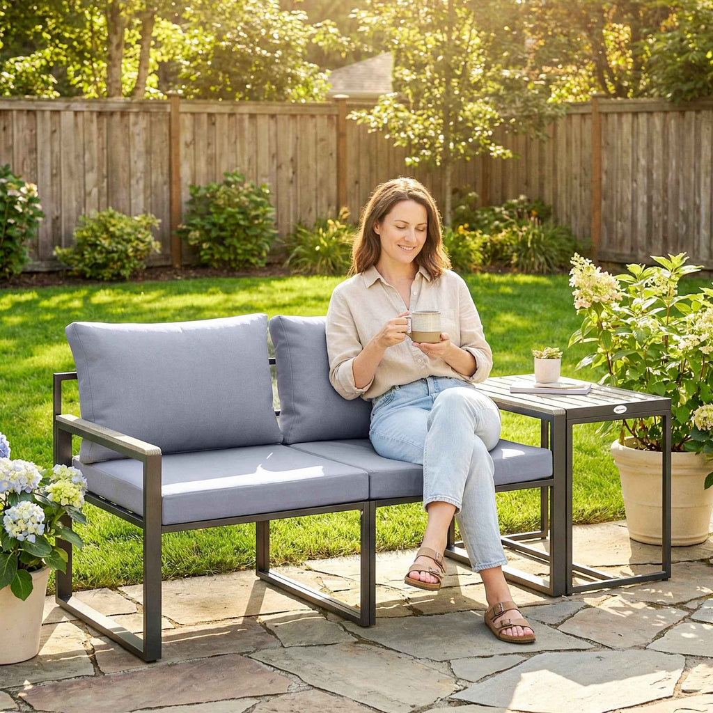 Outsunny 3-Piece Outdoor Set with Garden Table and 2 Chairs with Texteline Seat and Cushions, Grey
