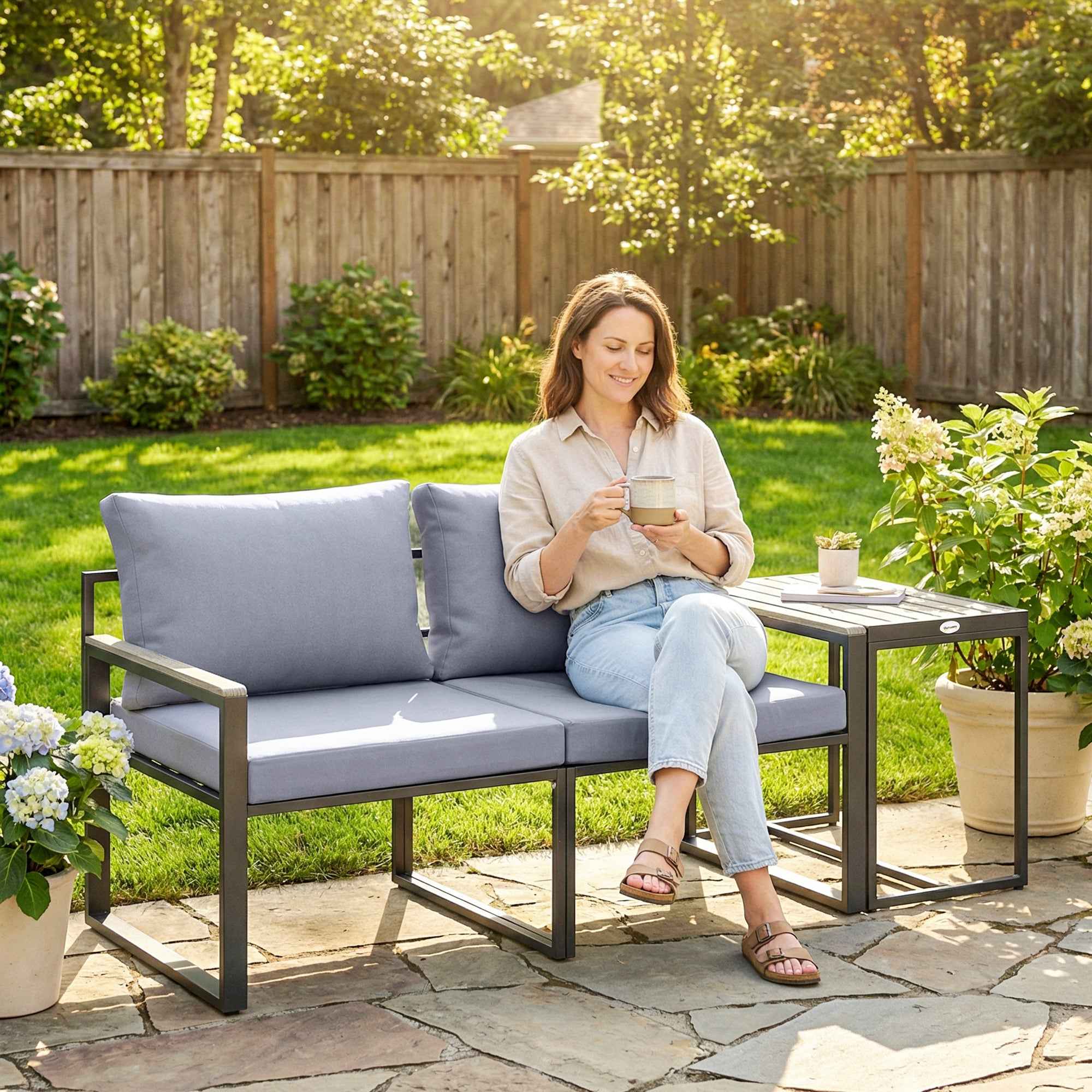 Outsunny 3-Piece Outdoor Set with Garden Table and 2 Chairs with Texteline Seat and Cushions, Grey