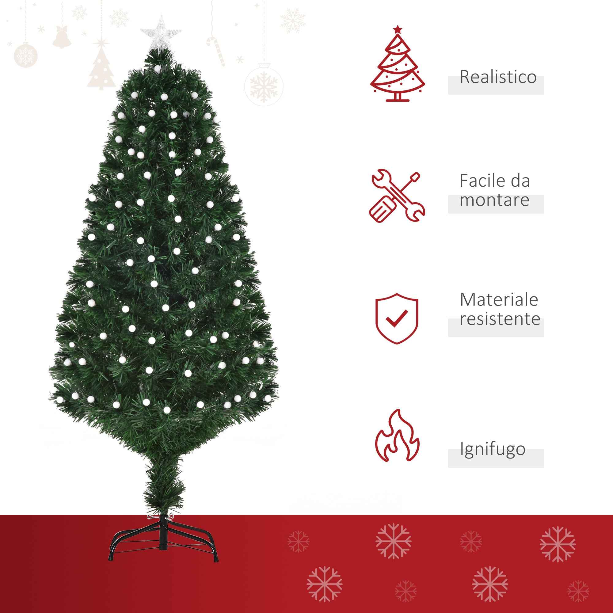 150cm Artificial Christmas Tree with 170 LED Lights and Fiber Optic Lights, Christmas Tree with Built-in Lights and 170 Branches and Foldable Metal Base, Green