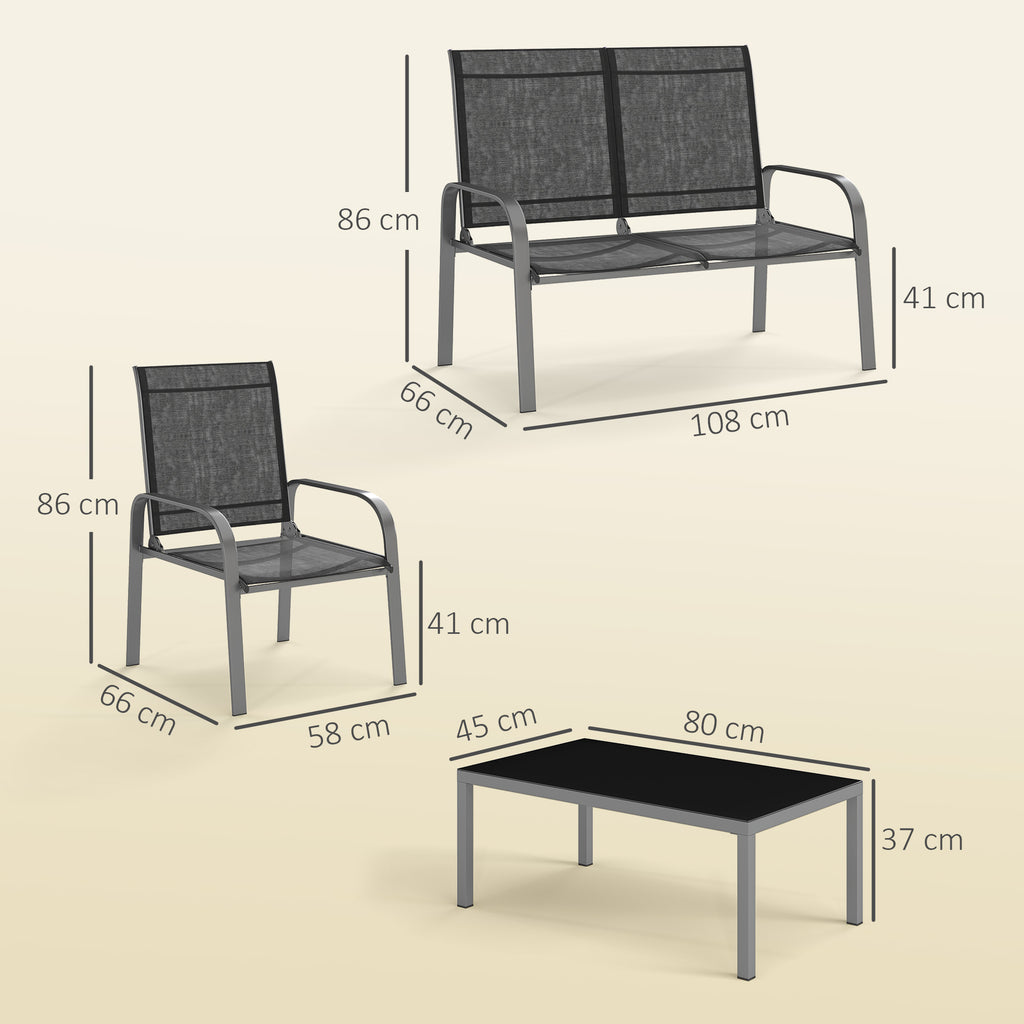 4-Piece Outdoor Set with Coffee Table, 2 Chairs and Sofa with Adjustable Backrest, in Steel and Black Textilene