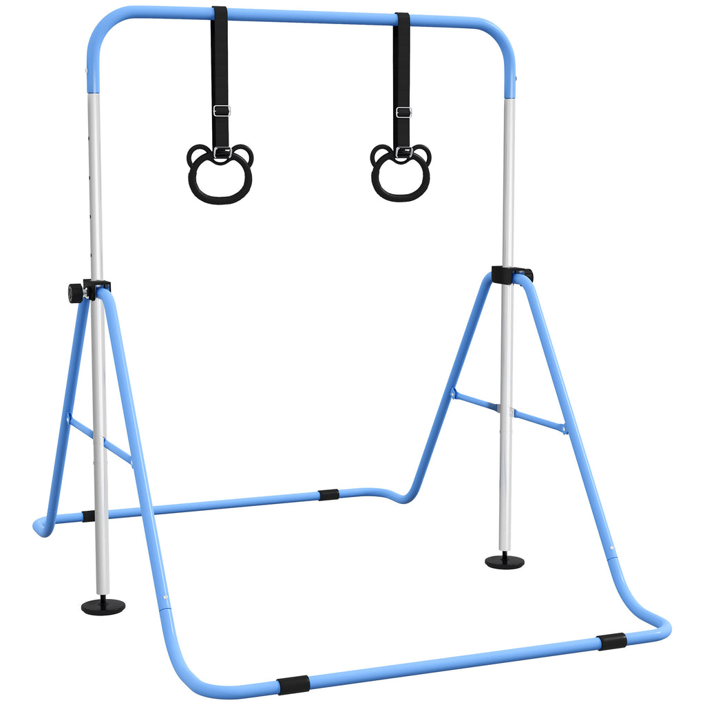 HOMCOM Height-Adjustable Gymnastics Bar for Children with 2 Rings, Steel, 148x105x88-128 cm, Blue