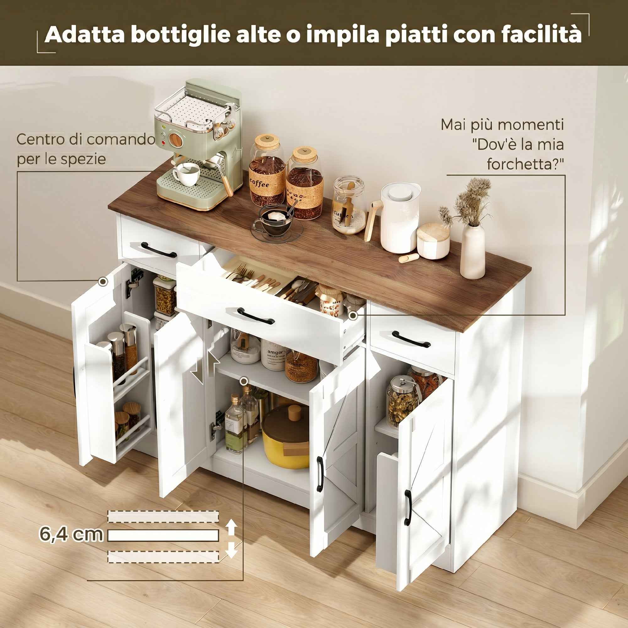 HOMCOM Rustic Kitchen Sideboard, Kitchen Cabinet with Soft-Close Doors, 3 Drawers, 3 Adjustable Shelves, Spice Rack, White