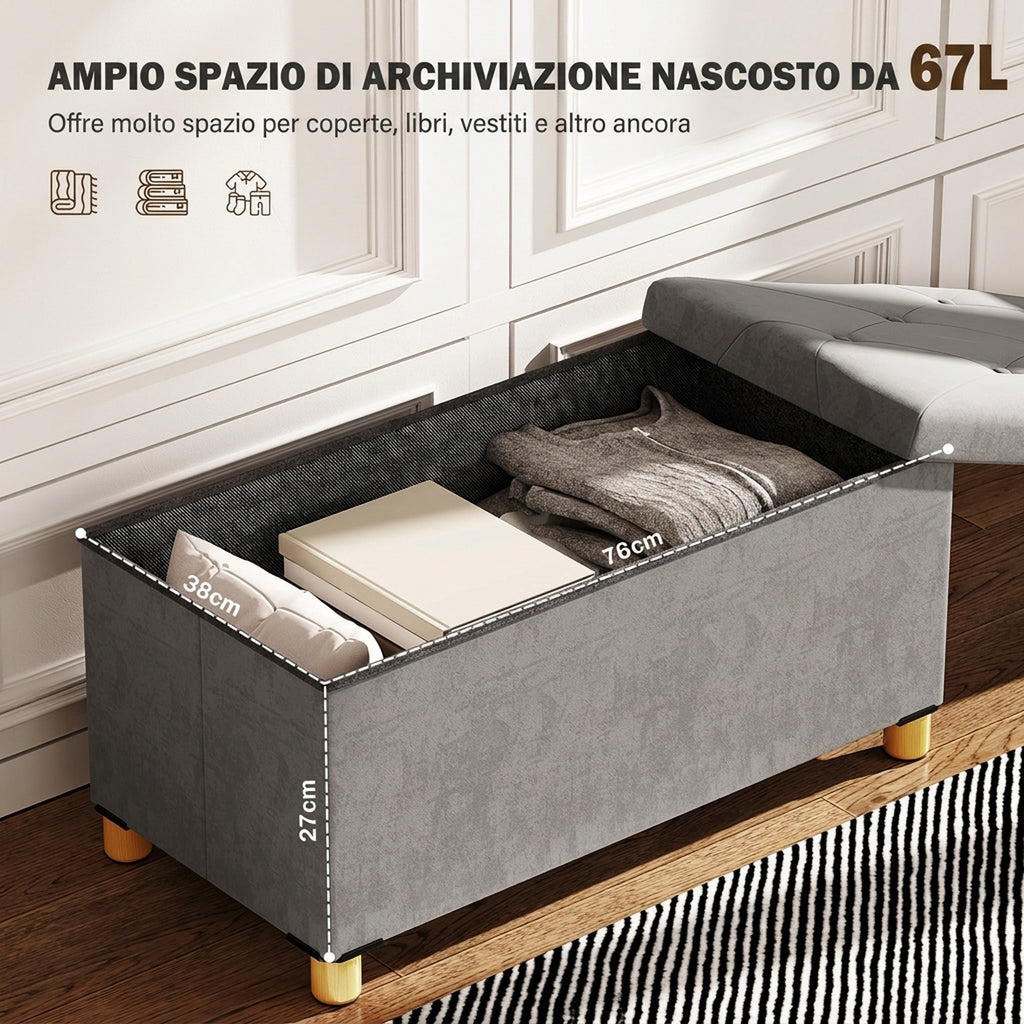 HOMCOM 67L Folding Storage Bench with Padded Lid and Velvet Lining, 76x38x38cm, Grey