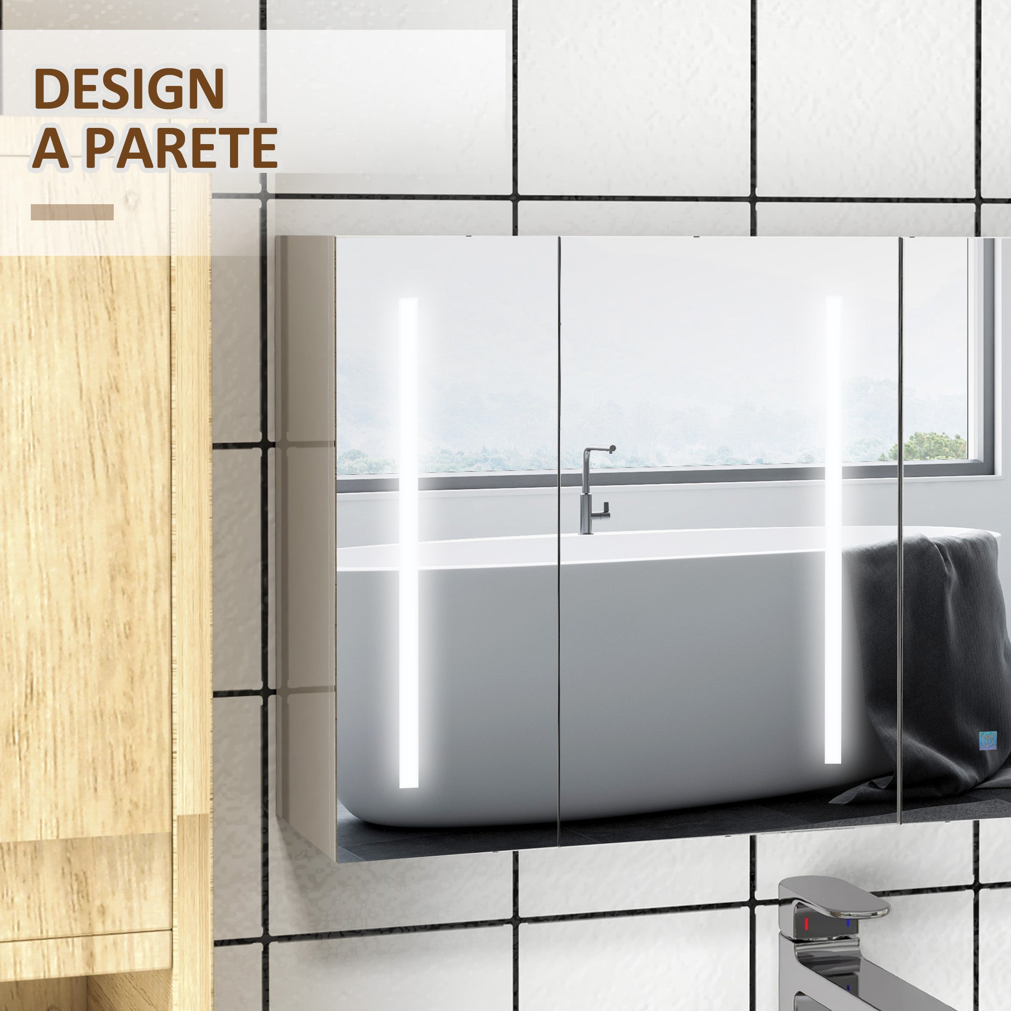 Kleankin Condition with mirror with adjustable shelves and 3 -colored LED lights, in MDF and glass, 90x15x70 cm, white - Borgè