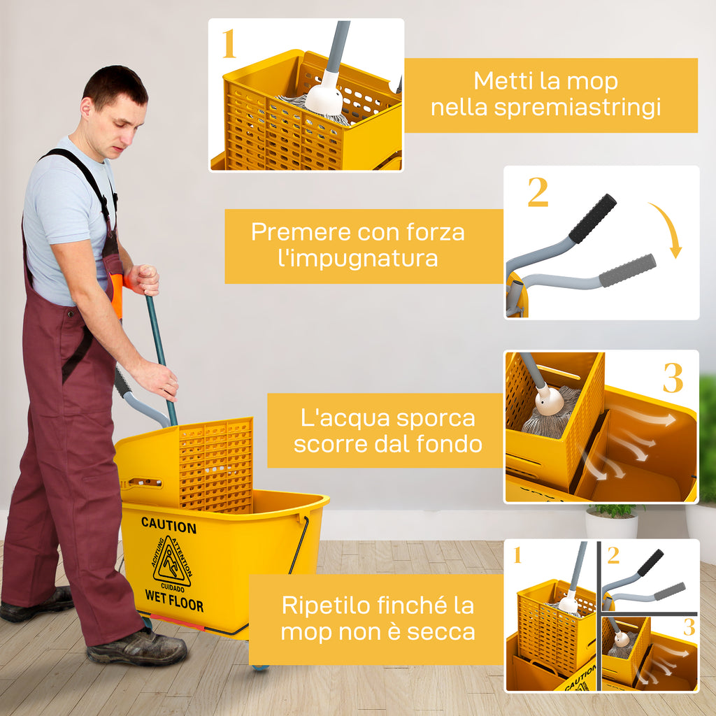 Professional 20L Floor Mop Bucket with Mop, Wringer, Wheels and Handle, 45x26.5x70 cm, Yellow