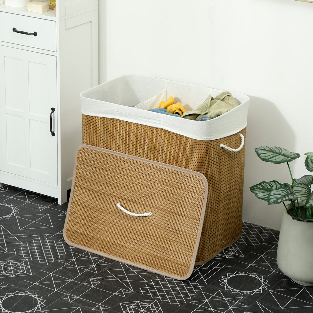 HOMCOM Bamboo Laundry Hamper with Lid, 144L, 3 Compartments, Removable and Washable Bag, Handles, Brown