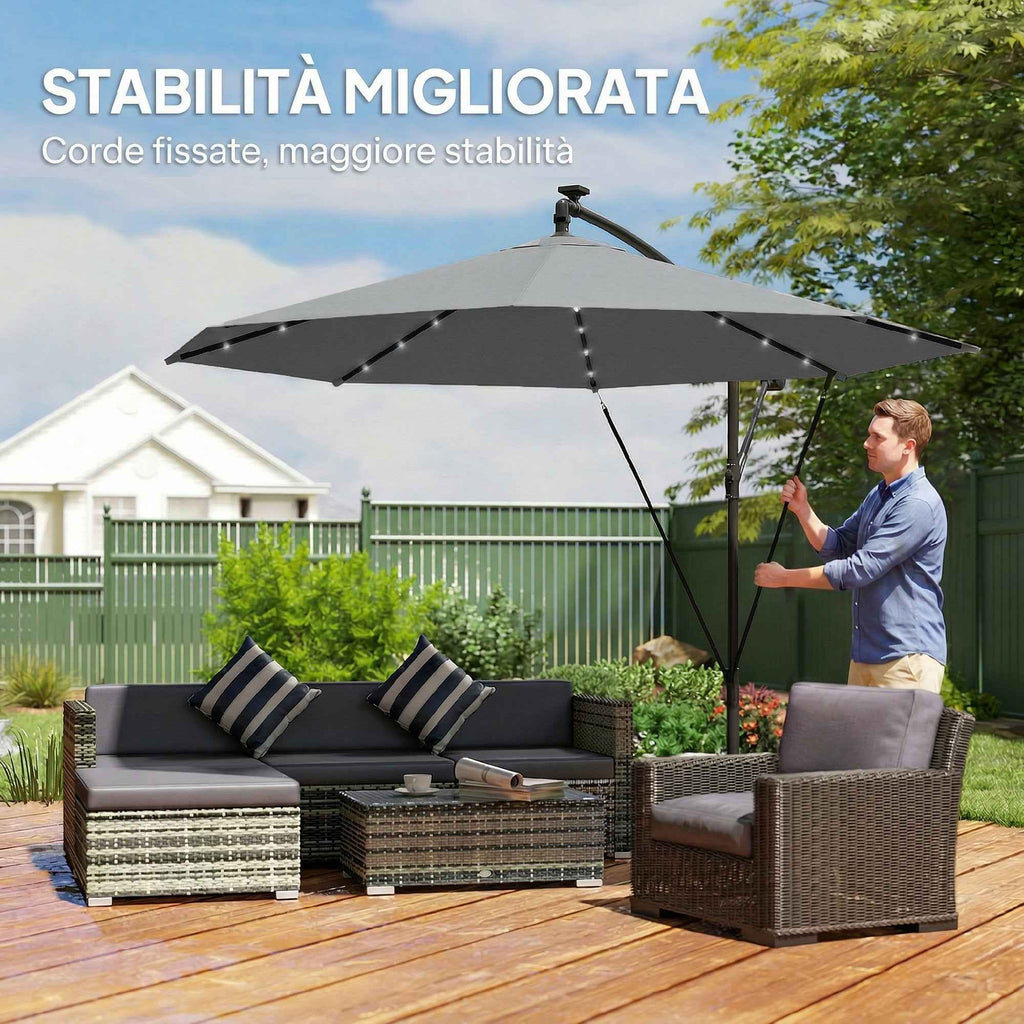 Outsunny 3m Cantilever Umbrella with Solar LED Lights, Garden Umbrella, Grey