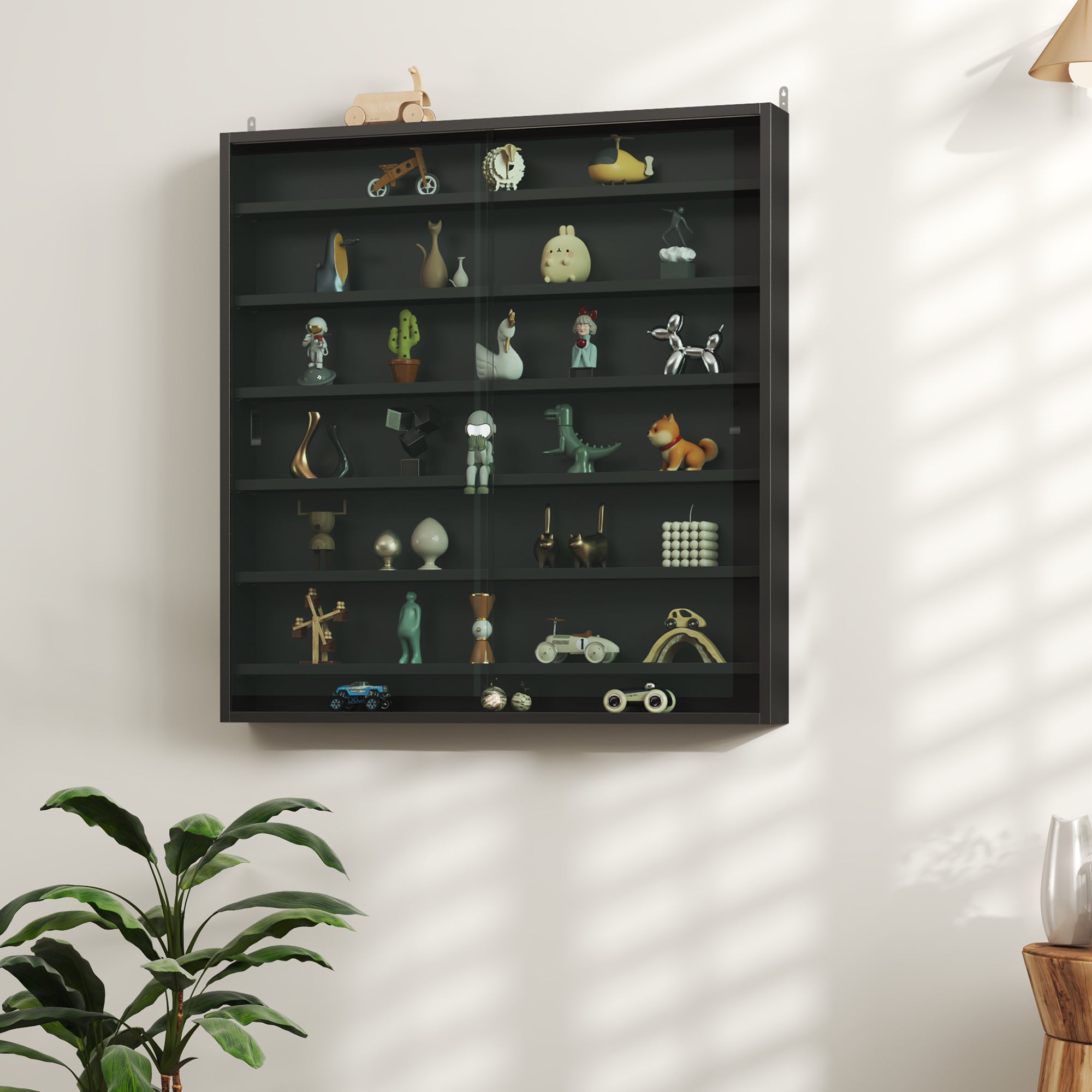 6-Tier Adjustable Wooden Notice Board with Glass Doors, 80x9.5x83 cm, Black