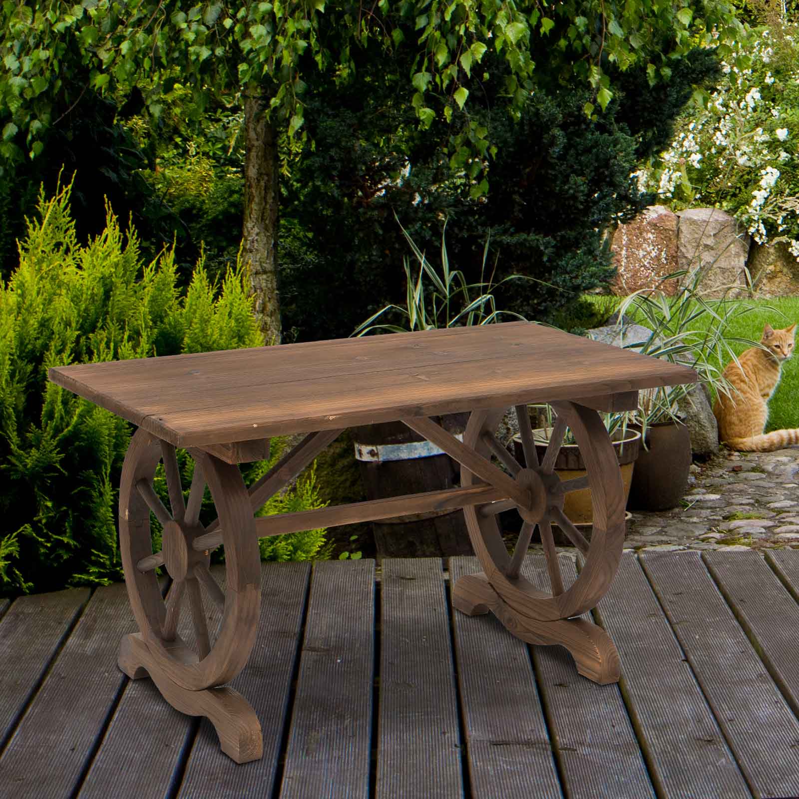 Country Style Garden Table with Wheel Legs, Weatherproof Fir Wood, 110x60x65 cm